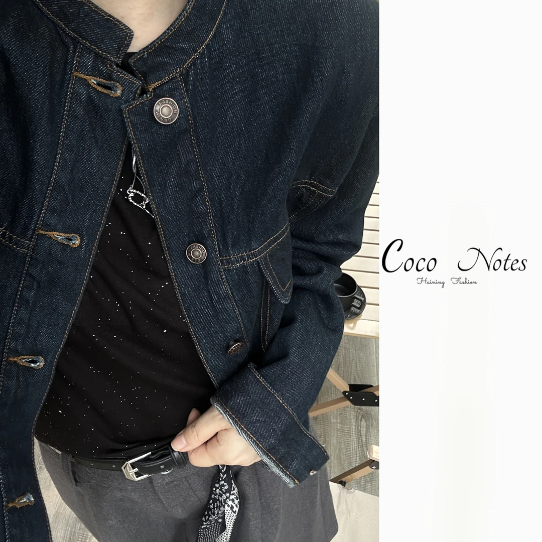 COCO NOTES  YX506 宽松复古蓝牛仔短款夹克立领上衣女外套
