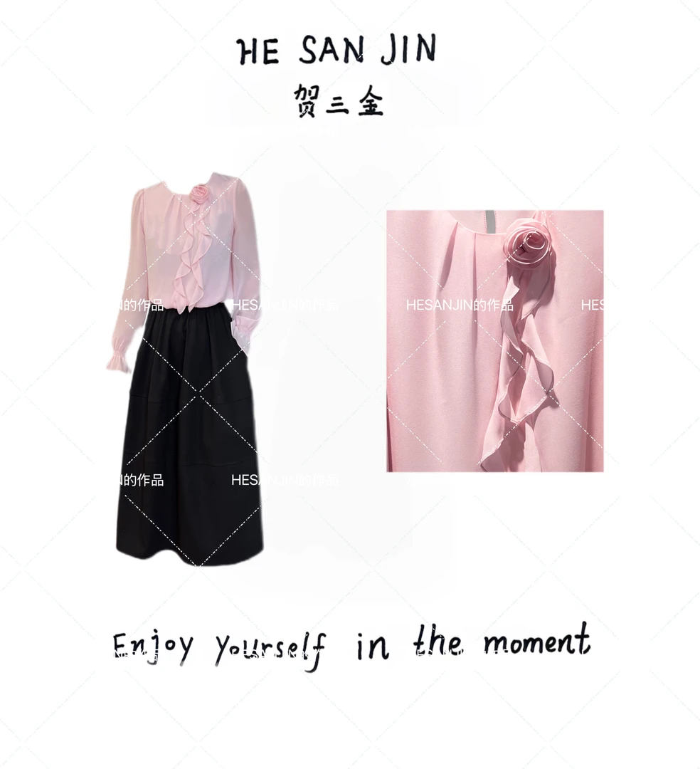 【HESANJIN贺三斤】品牌春季女装爆款 玫瑰的回忆 粉蓝咖手工雪纺衫