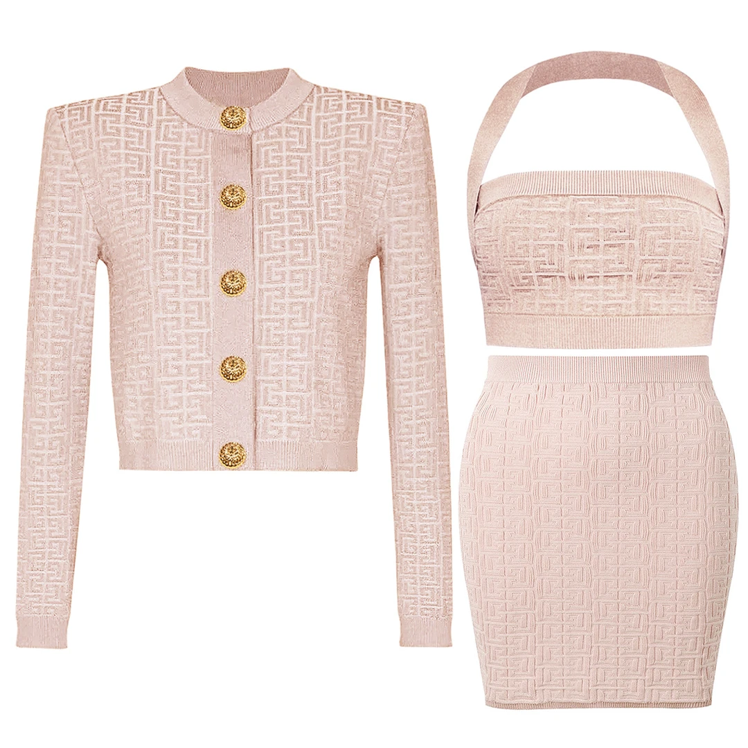 现货春夏新款女式时尚网红针织外套上衣+半身短裙+背心三件套套装