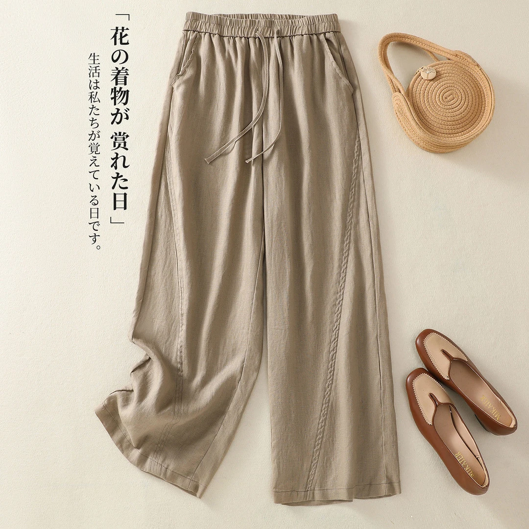 复古棉麻九分裤2025新款设计感拼接夏季休闲裤高腰显瘦直筒阔腿女