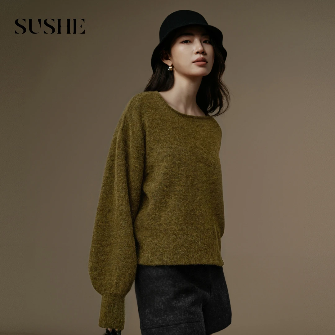 束皙SUSHE【熙语】 植物系 定染拉毛羊驼羊毛卷边宽松短款毛衣女