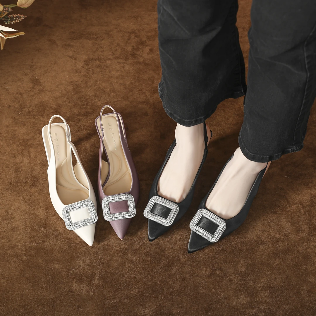 春季绸缎紫色高跟鞋细跟松紧带后空尖头单鞋女白色软底不累脚凉鞋