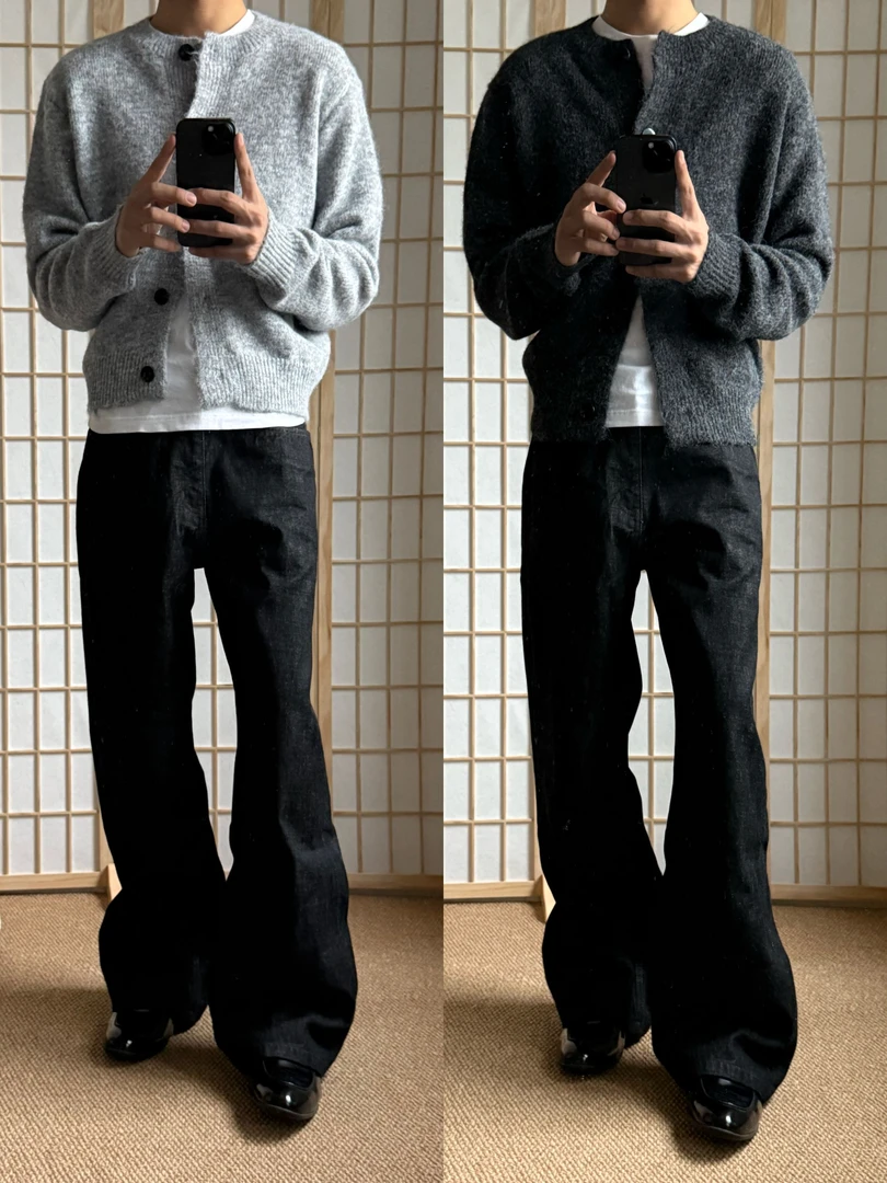 HLINE花纱羊毛混纺半高领毛衣开衫老钱深花灰浅花灰百搭