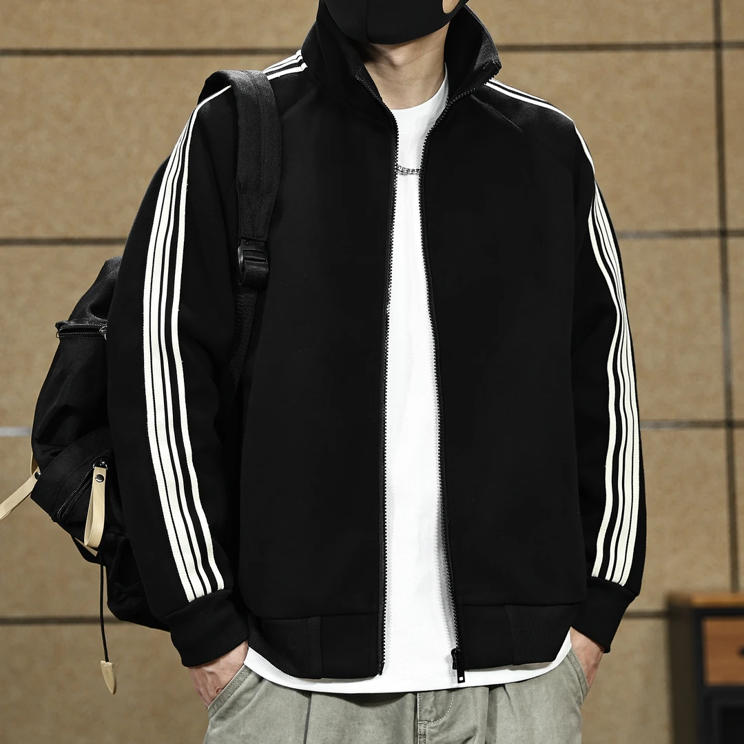 高端美式开衫加绒卫衣外套男重磅潮牌宽松立领秋冬新款运动夹克男