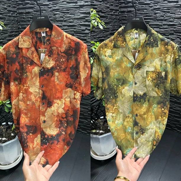 夏季男士古巴领薄料透气提花短袖衬衫/8139