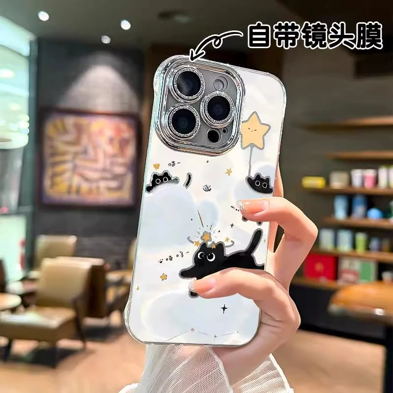云朵小猫苹果16promax手机壳适用iPhone15无边框13/12精孔羽纱14