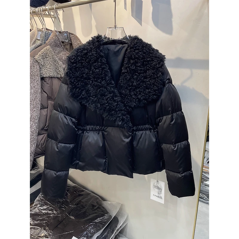 高级感拼接大翻领短款羽绒服女欧货2025冬季抽绳显瘦白鸭绒上衣潮