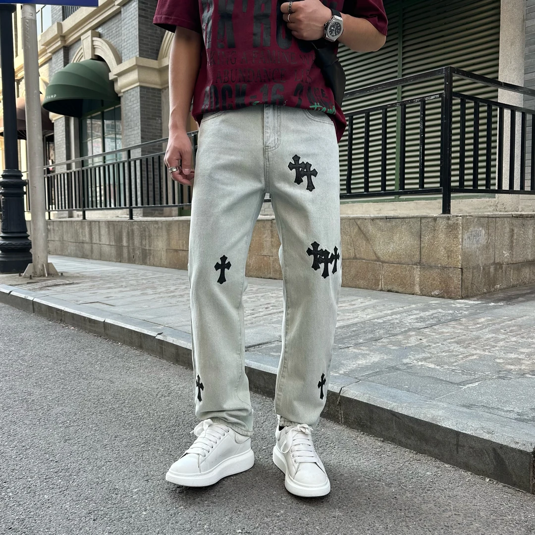 春秋新品复古贴皮水洗浅色直筒牛仔裤男士裤子潮百搭轻奢宽松