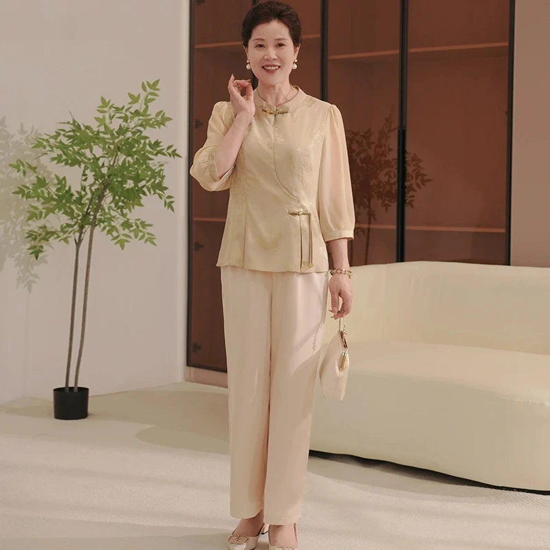 气质妈妈装新中式纱袖小衫套装2025夏季新款中老年女装上衣两件套