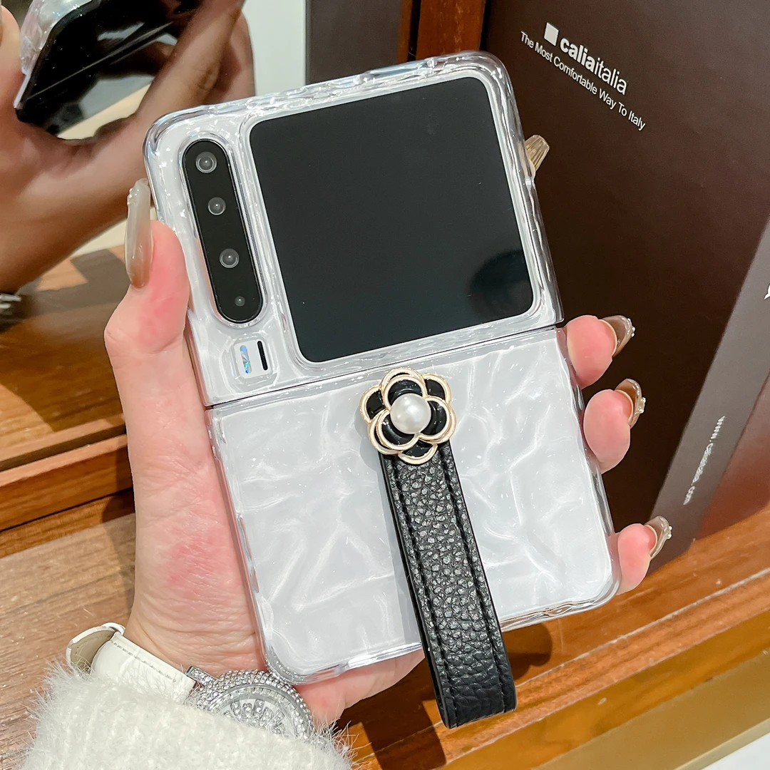 适用华为purax手机壳山茶花手带三星小米OPPO荣耀折叠女款保护套