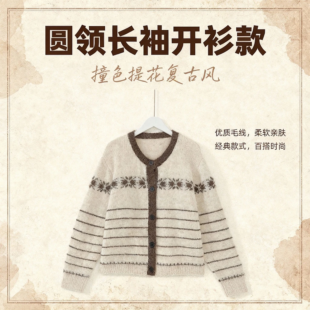 几里与麻 撞色提花圆领复古针织衫 衣长54 胸围108 2103058