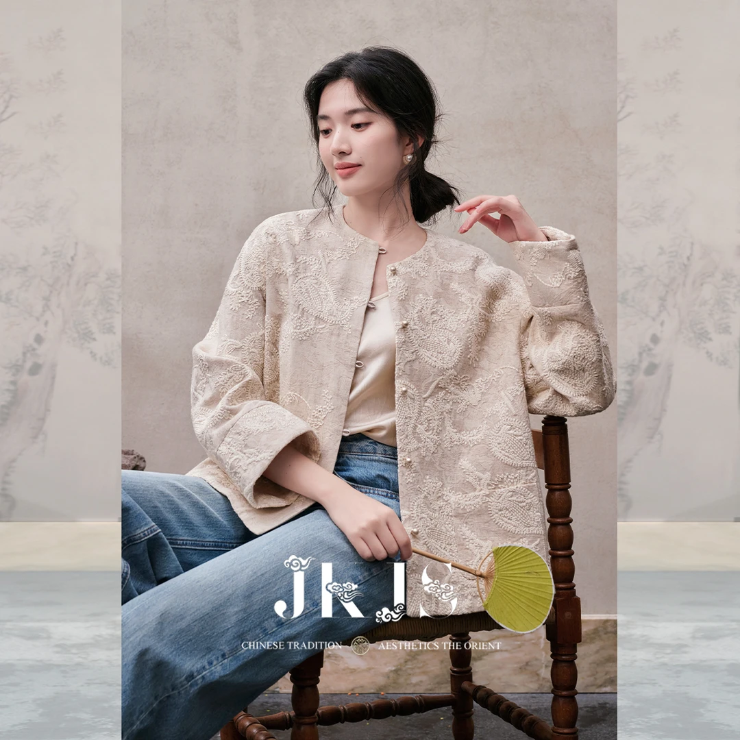 JKJS【繁花序】亚麻绣花外套女2025新款春秋宽松新中式洋气高贵