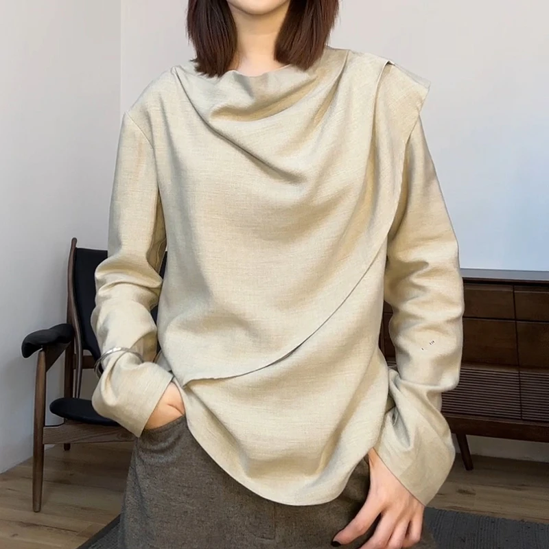 简约风拼接荷叶领衬衫新款藏肉显瘦上衣女秋长袖减龄洋气胖mm大码