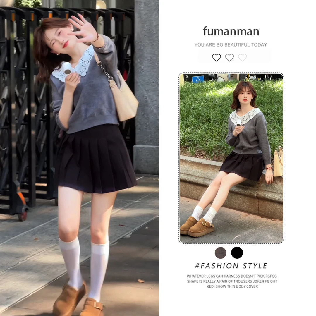 秋季韩系套装女2025新款甜美风娃娃领毛衣搭高腰显瘦百褶裙两件套