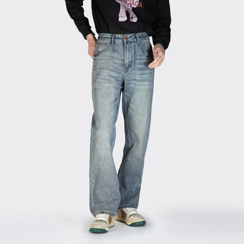 2025春夏季新款刺绣宽松直筒潮牌水洗牛仔裤男士美式高街时尚长裤