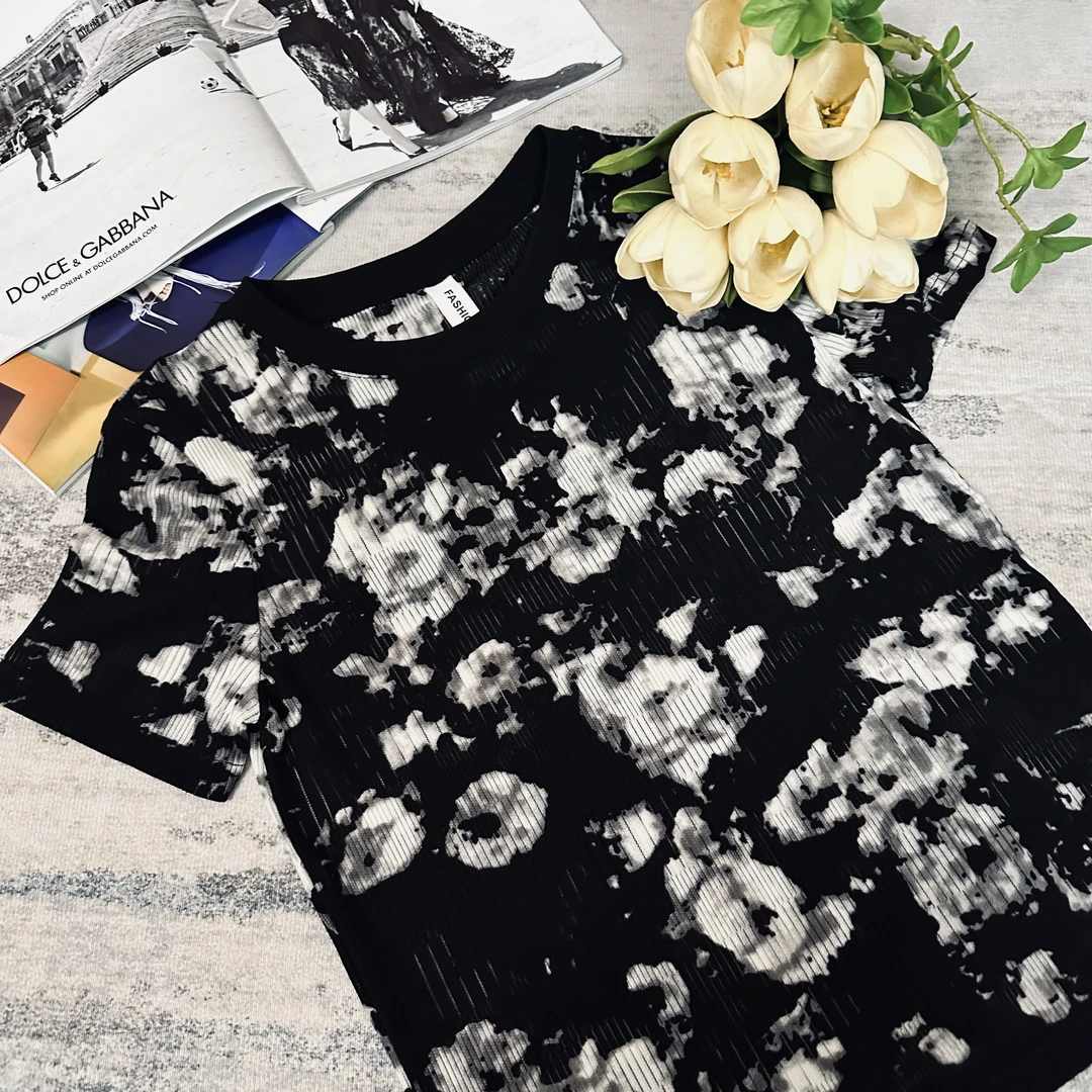 【水墨画曲竹】夏季新款短袖女黑白拼色时尚休闲针织圆领彩绘百搭潮