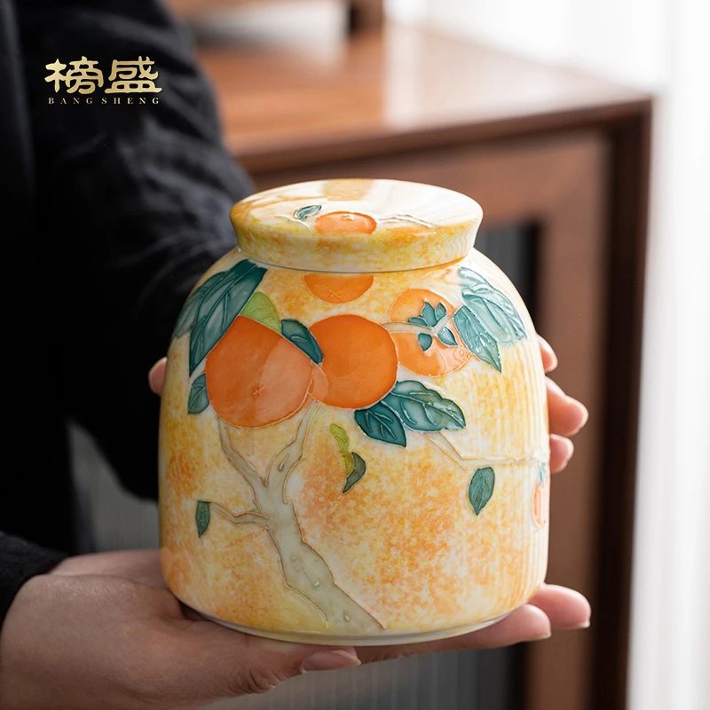 榜盛手绘柿柿如意茶叶罐密封罐茶罐储存罐储茶罐存茶罐绿茶白茶