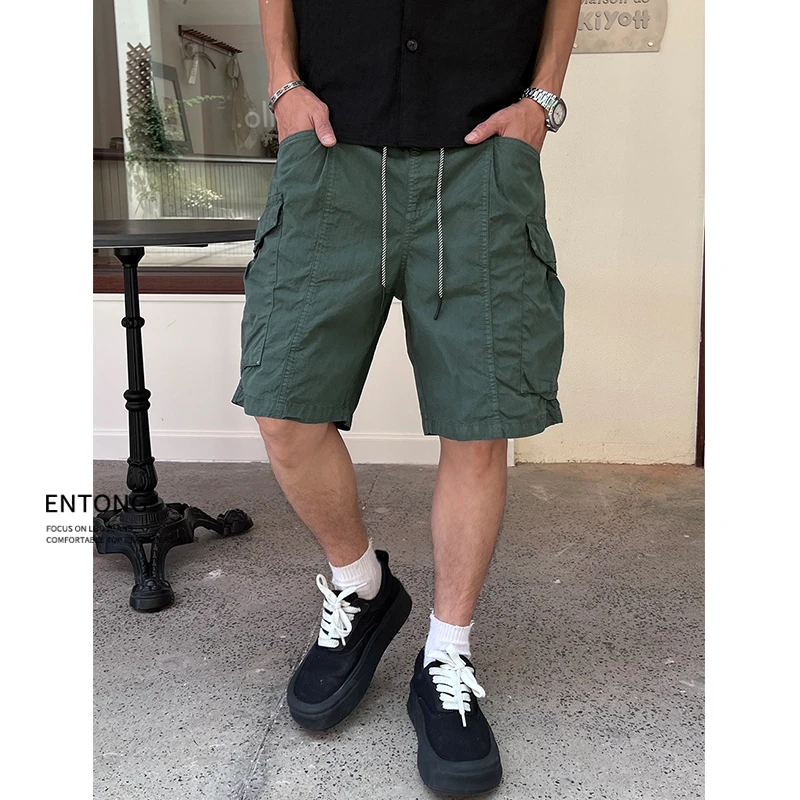 Entong美式休闲夏季五分裤男生宽松薄款潮牌工装短裤大口袋中裤男
