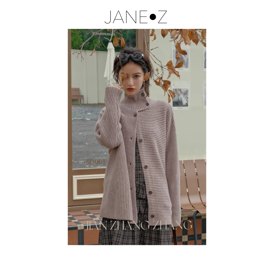 【冬日恋岛】100%绵羊毛老钱风加厚重磅立领单排扣不对称开衫JZ6637