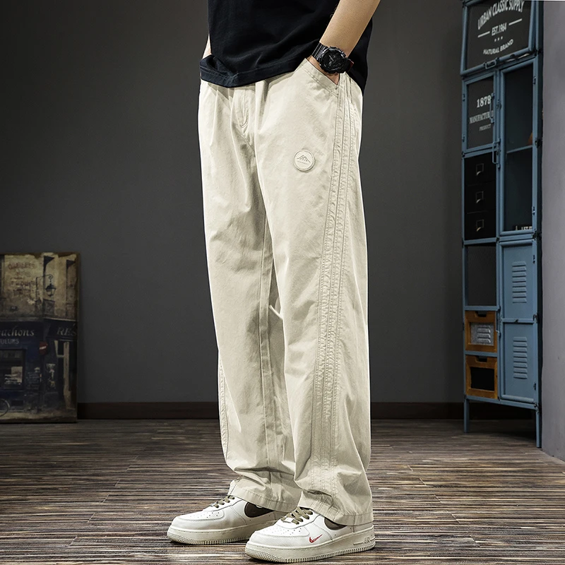 景君澜新款美式复古拼接工装休闲裤男春夏纯棉宽松直筒运动长裤