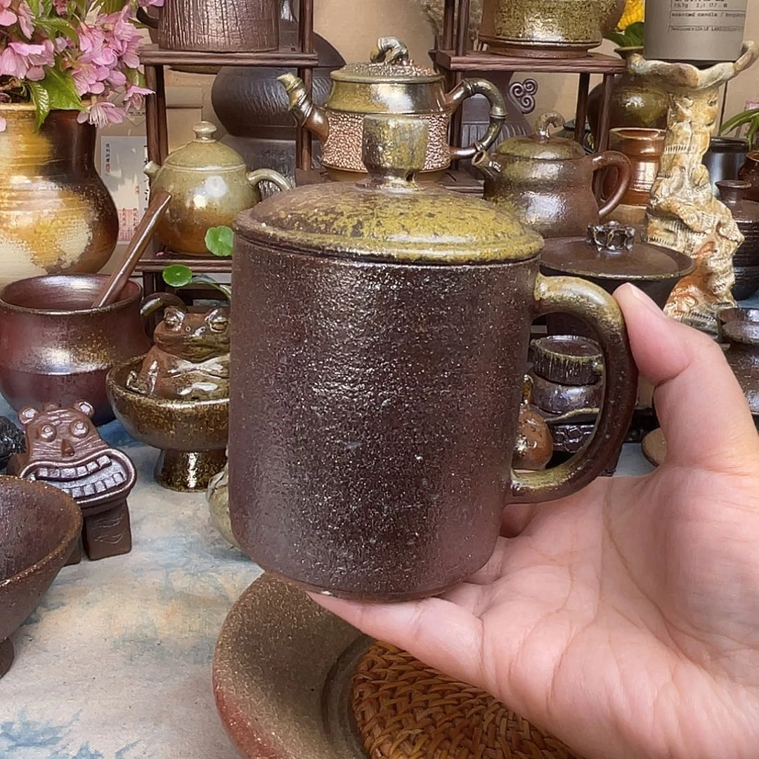 柴烧粗陶办公杯盖杯