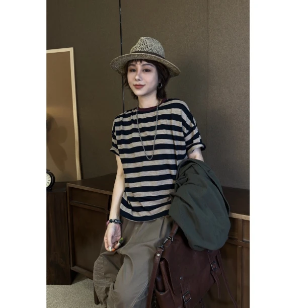 HY罗罗短款短袖条纹显瘦T恤包边宽松休闲百搭时尚设计感圆领
