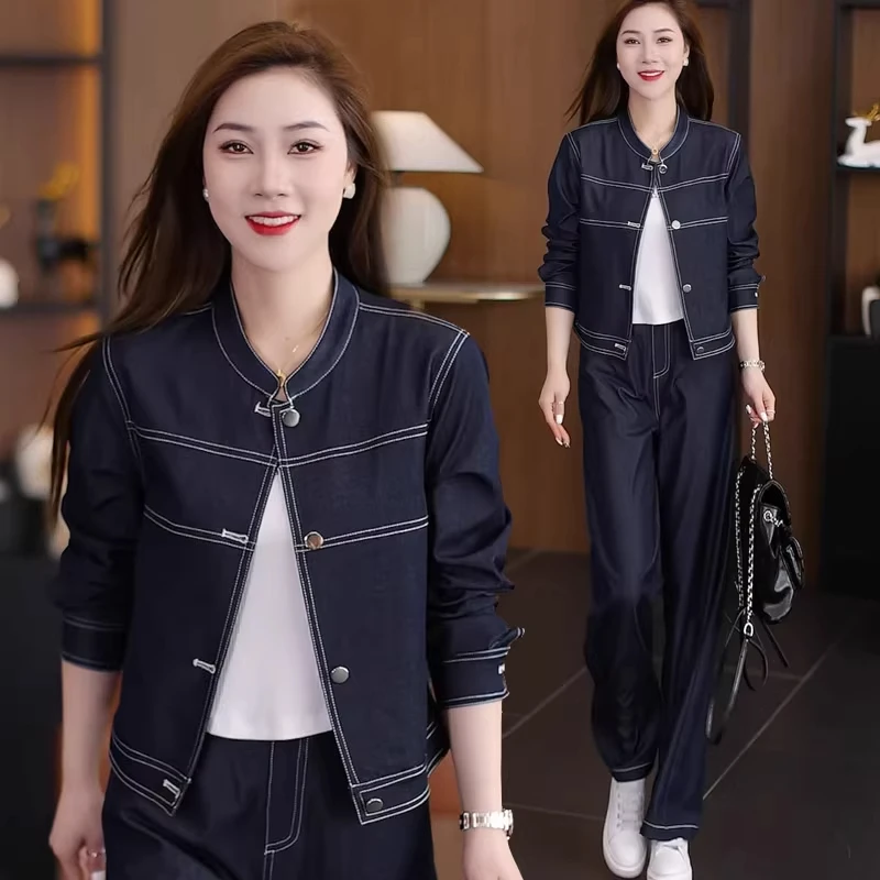 时尚牛仔套装女2025春秋新款洋气减龄时髦短款外套阔腿裤两件套潮