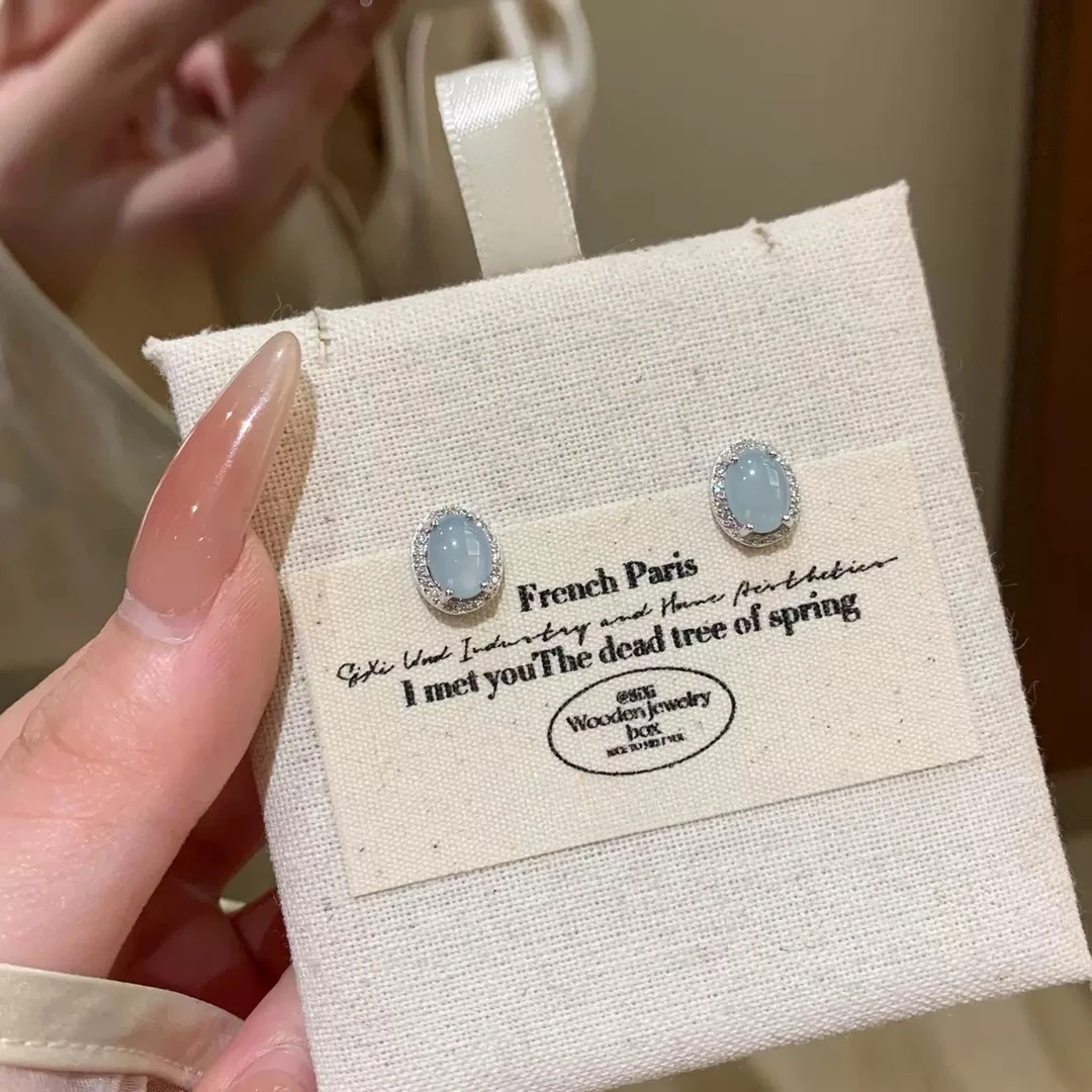 蓝水天然A货翡翠耳钉S925银镶简约高级