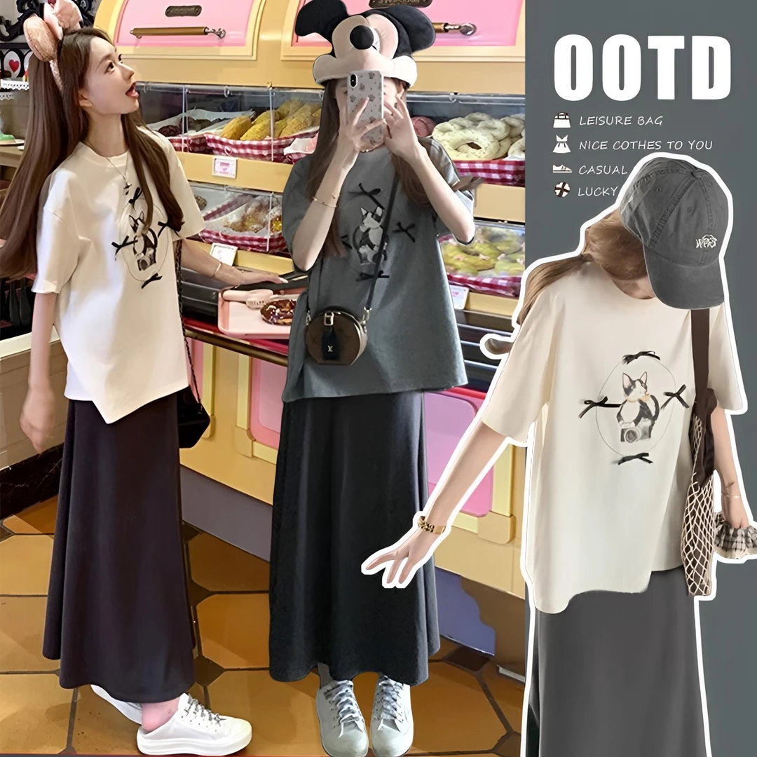 孕妇装夏装套装外穿2025新款简约印花T恤上衣孕妇半身裙夏季薄款