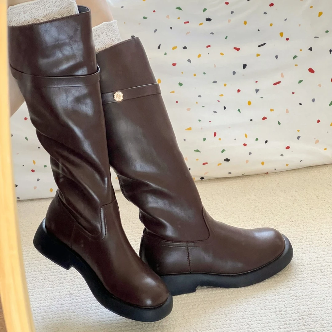【爆款】韩版复古高筒围骑士靴女2024年秋冬季新款低跟复古小金扣时