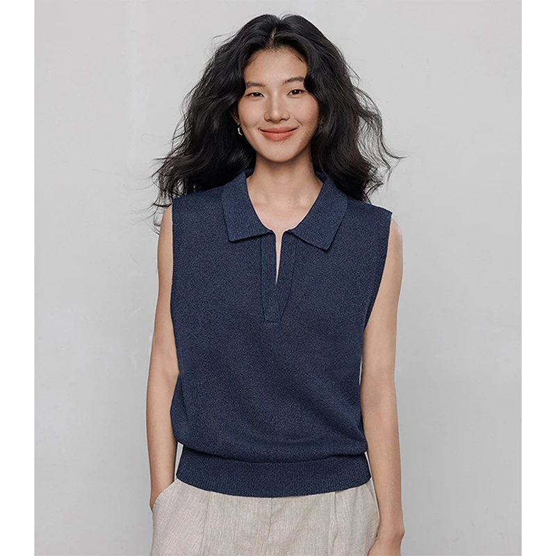 复古藏青色polo领无袖针织衫女夏季慵懒松弛感气质罩衫翻领上衣
