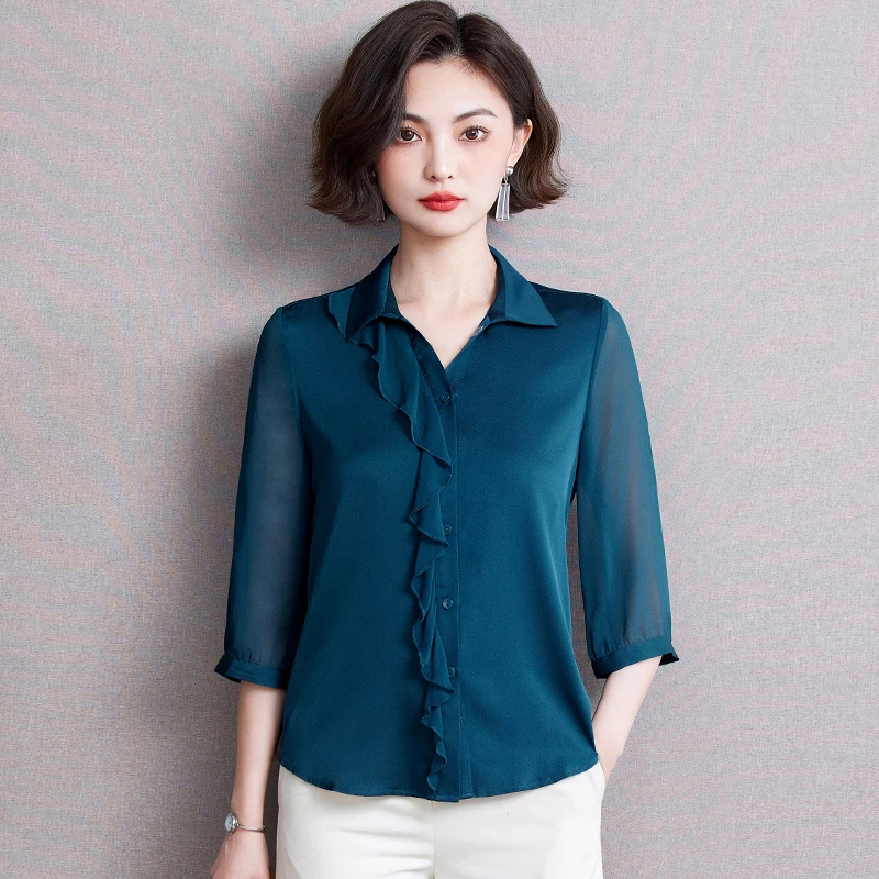 2025夏季新款时尚真丝衬衫女宽松桑蚕丝时尚洋气五分袖衬衣上衣