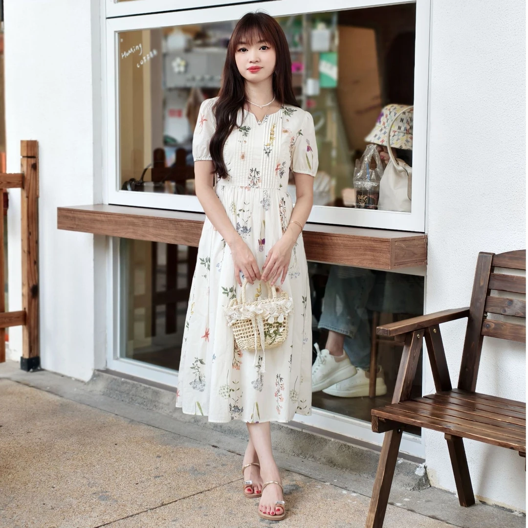 西米家【花海短袖款】法式短袖小V领碎花度假风连衣裙3317#