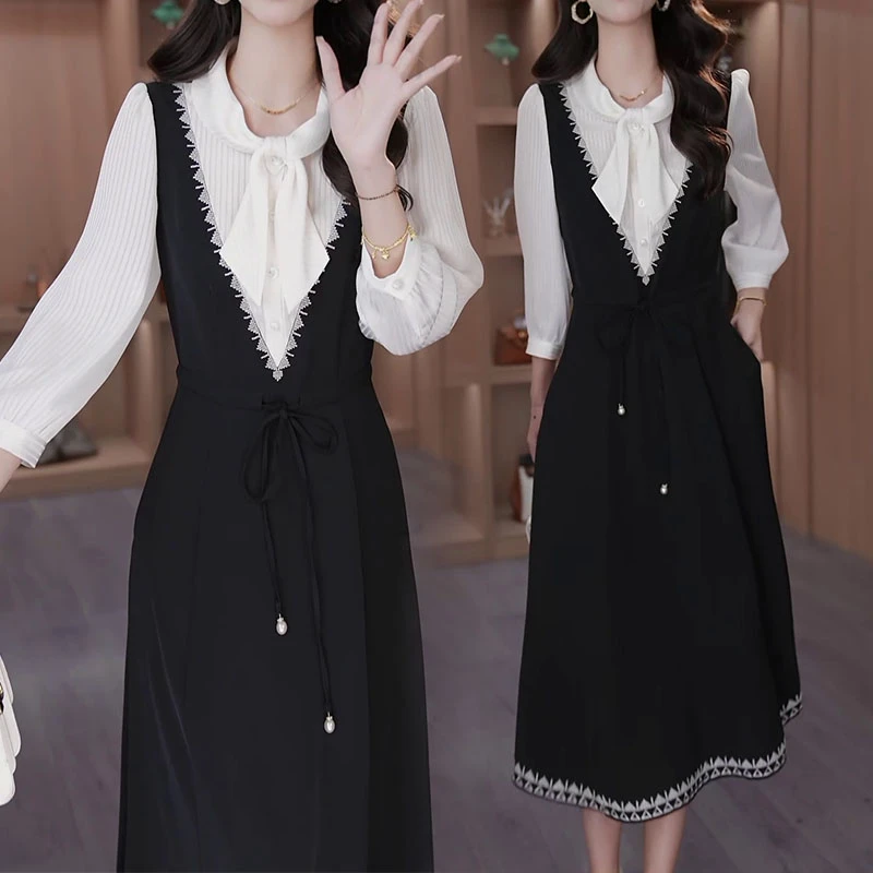 经典黑白撞色拼接连衣裙2025秋季新款气质优雅假两件休闲显瘦裙子