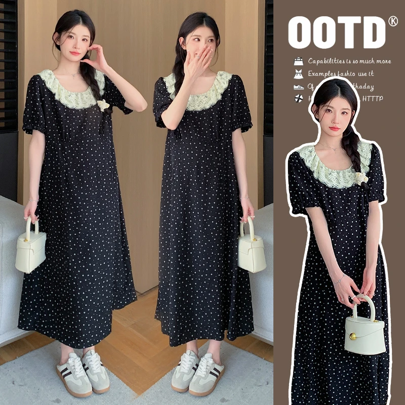 【安安】2025夏季碎花气质蕾丝花边长款孕妇连衣裙