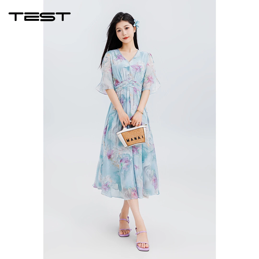 时尚V领超仙收腰显瘦高级感品质碎花女式夏季连衣裙4252082