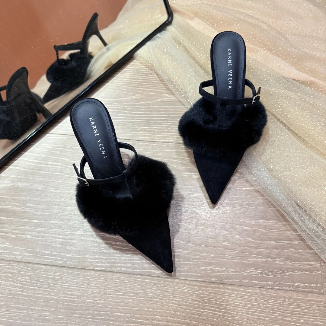 2025秋冬新款女士尖头高跟鞋细跟包头毛毛拖鞋外穿女鞋