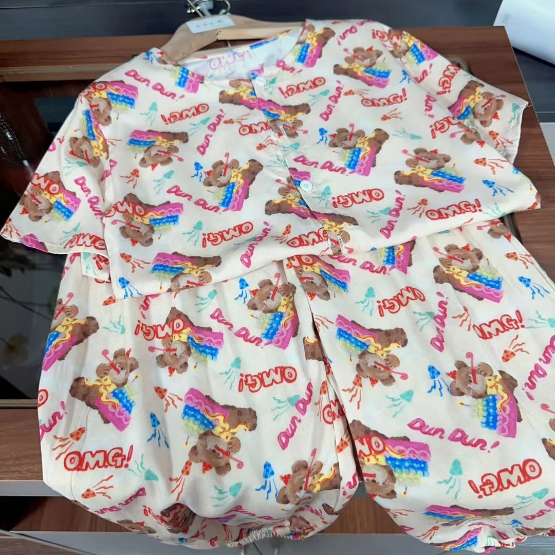 生日小熊棉绸国风潮童半袖长裤灯笼裤男童女童家居服外穿套装