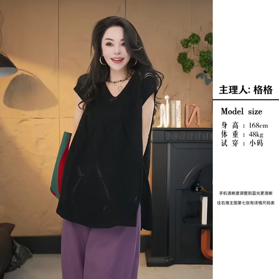 【格小姐】2510-10夏上新款时尚V领镂空落肩袖气质减龄宽松毛针织衫