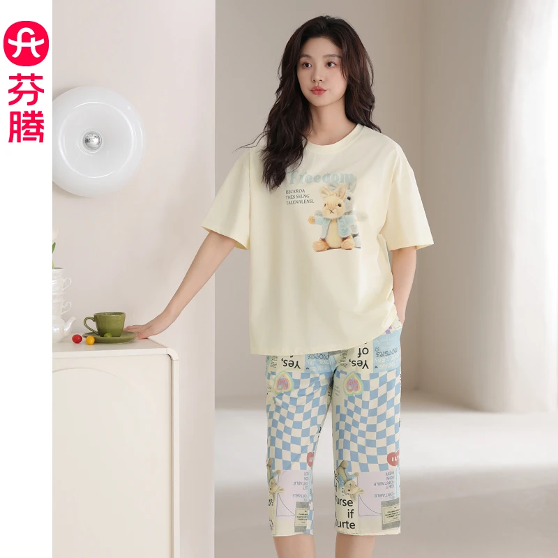 芬腾睡衣女款2025新款夏季薄款纯棉短袖七分裤套装宽松可爱家居服