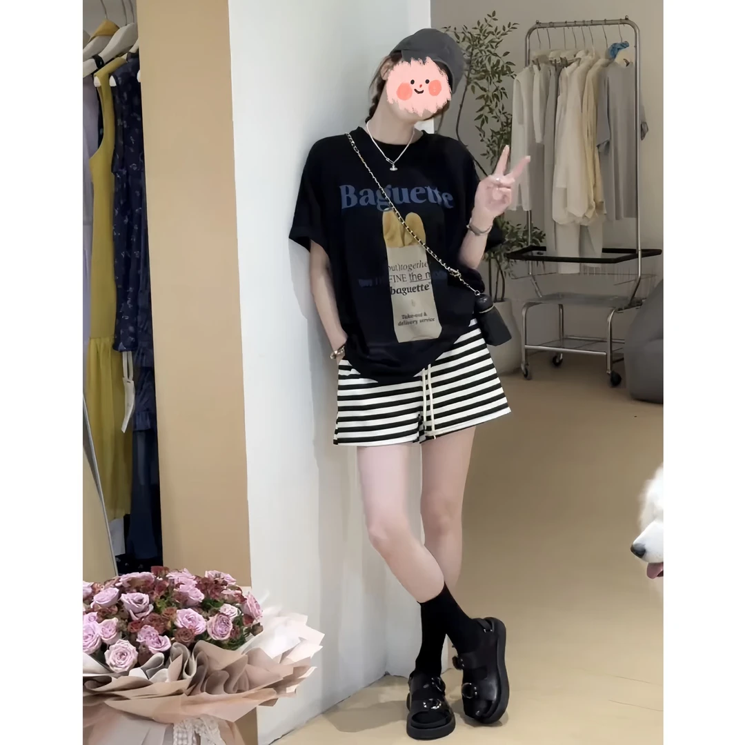 圆领印花直筒型短袖宽松型T恤ol宽松百搭贝果复古风