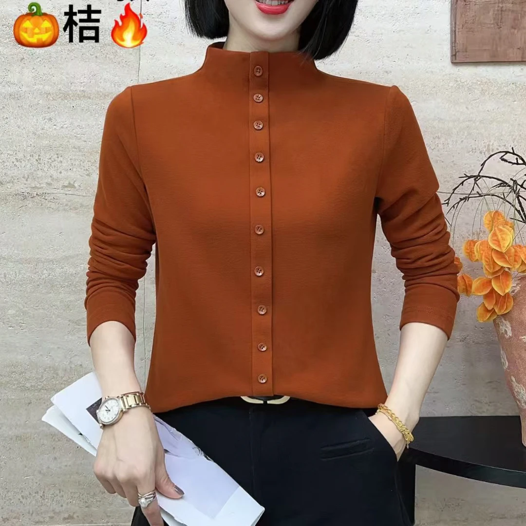 靓丽阁德绒女士宽松型T恤纯色时尚立领长袖公主风网红秋冬
