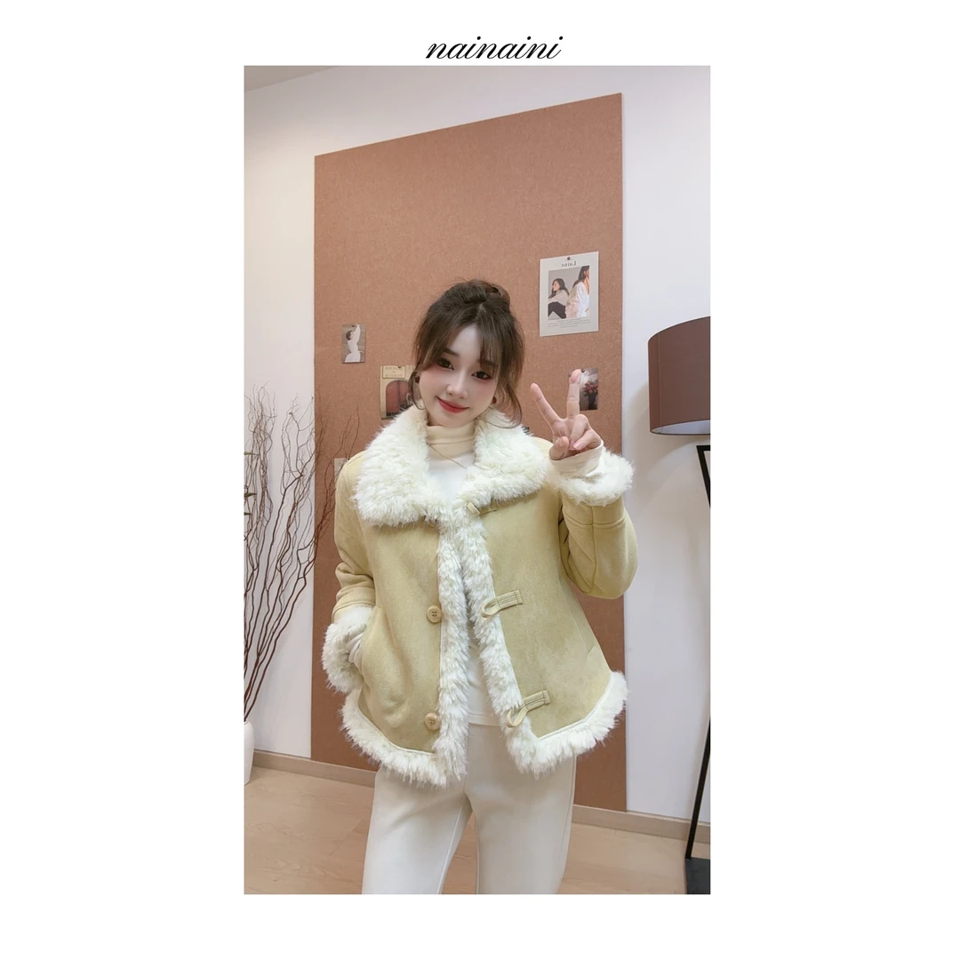 奈奈妮【慕斯泡泡】冬季外套女2025小个子拼接毛绒翻领皮毛一体7501