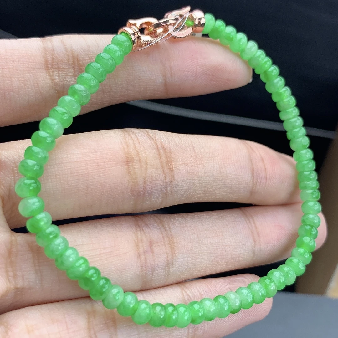 缅甸A货翡翠飘阳绿色花算盘珠手链手串单圈T卡4.4mm