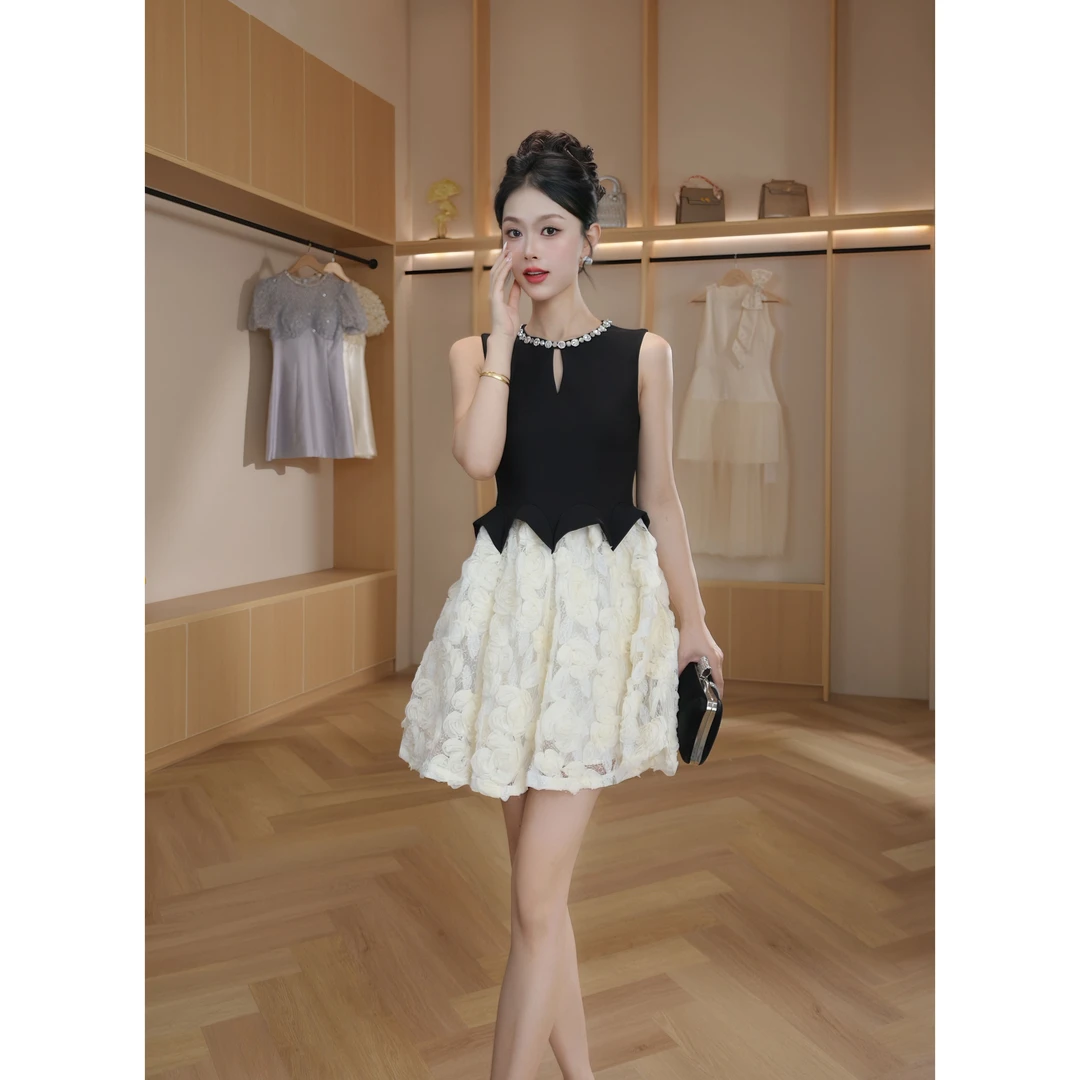 【设计师定制】新款气质无袖拼接收腰显瘦纯欲连衣裙11543