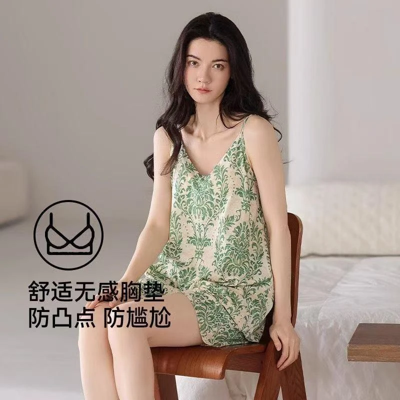 100%纯棉夏季女士带胸垫吊带短裤睡衣高级感夏天少女家居服套装