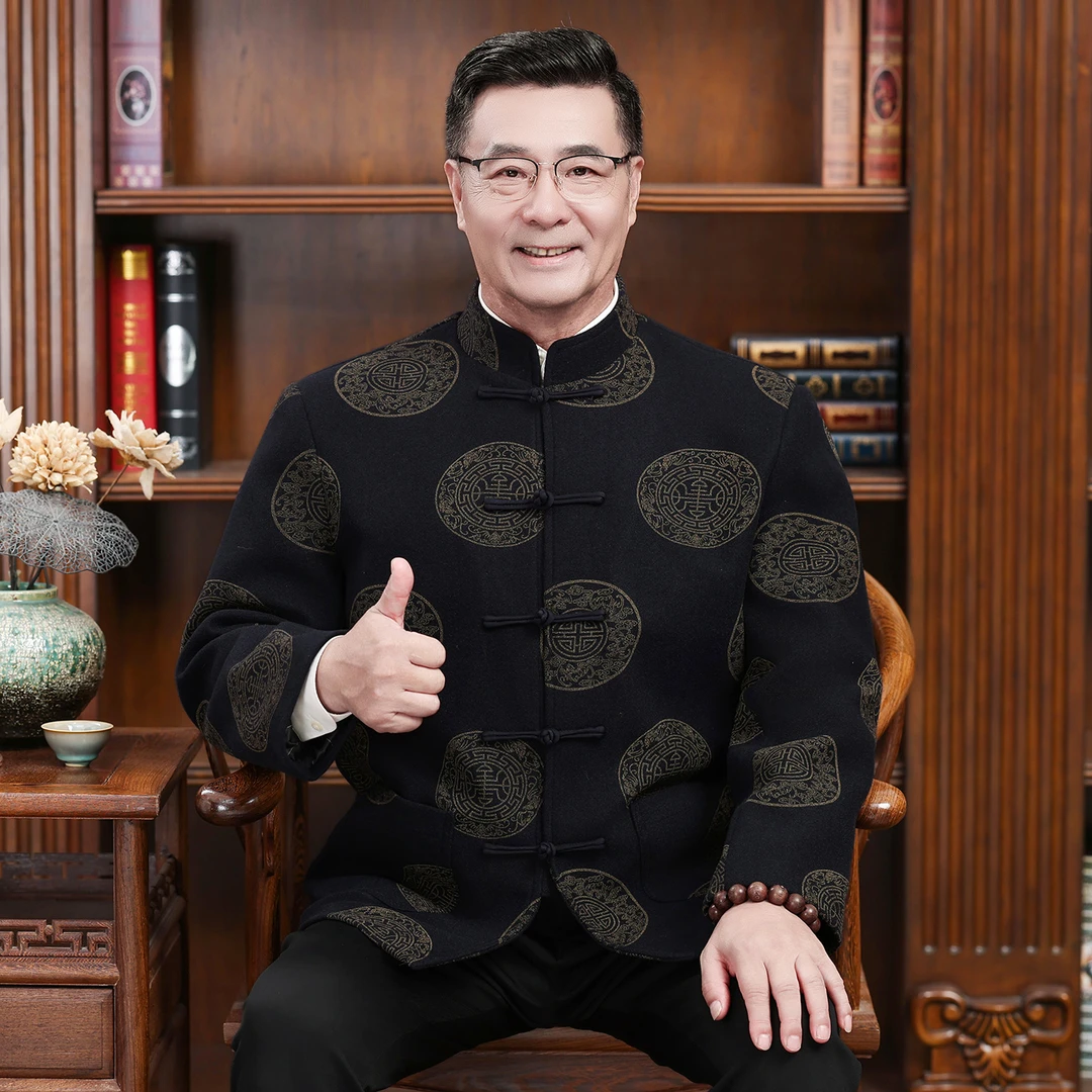 新中式爸爸秋冬唐装外套男中国风老人过寿宴生日衣服爷爷喜庆套装