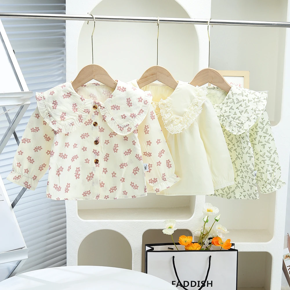 女童装长袖上衣韩版翻领女宝碎花娃娃衫可爱极简风女童洋气春