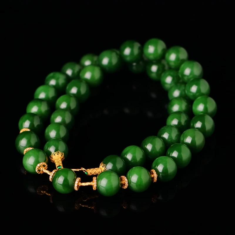 【泓贝珠宝-N717】18k金配饰和田玉碧玉老料辣阳绿圆珠项链NGTC证书