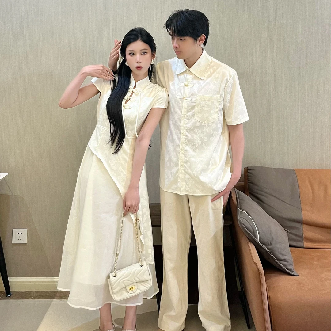 情侣装夏季小众中国风修身复古收腰女连衣裙男衬衫一裙一衣